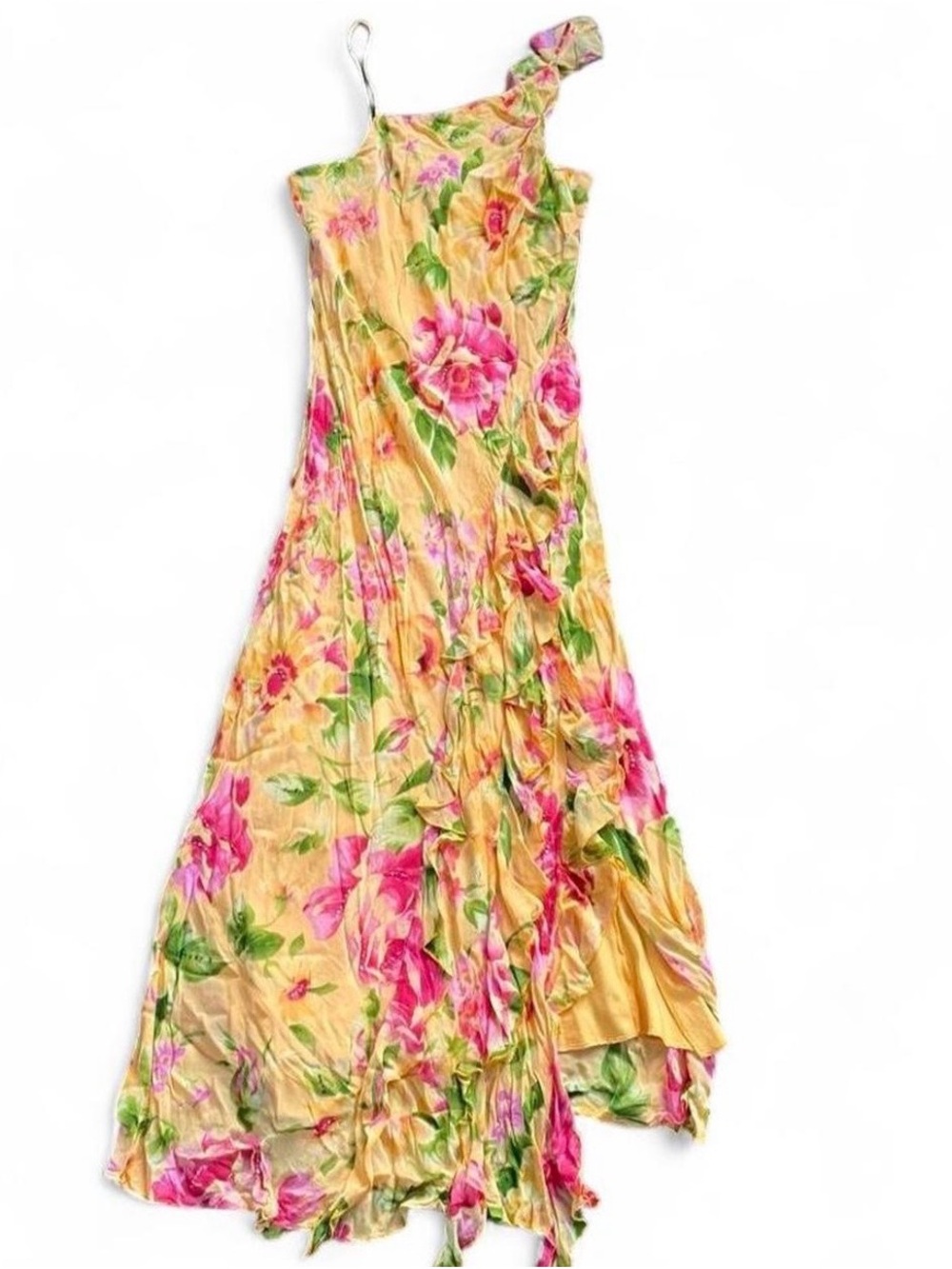 Y2K Vintage Yellow Floral One-Shoulder Fairy Hem Maxi Dress